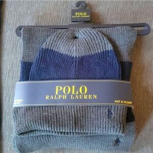 Polo Ralph Lauren Men's Grey & Navy Lambswool 2 Piece Set Hat & Scarf